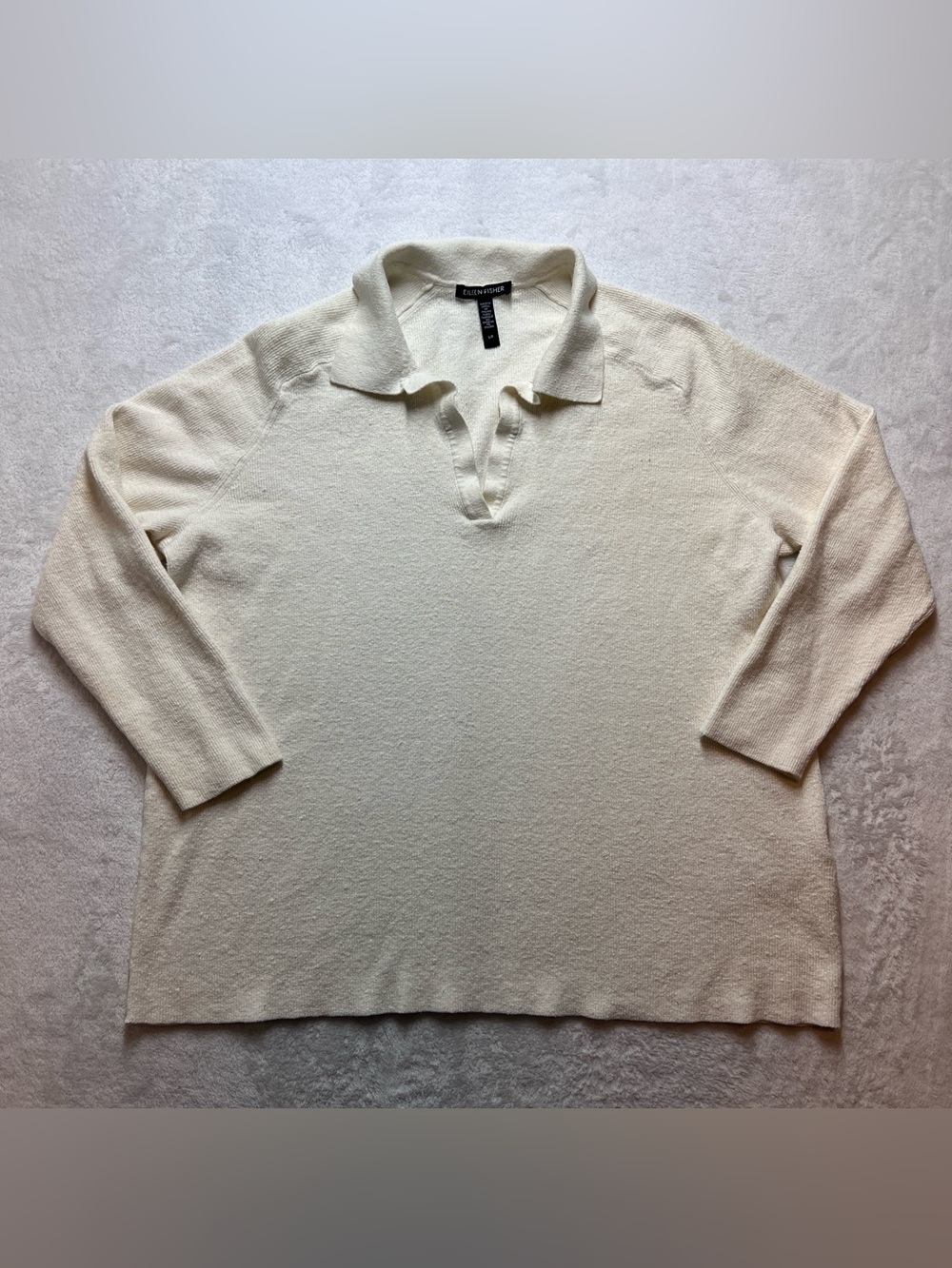 Eileen Fisher Linen Blend Ribbed Sweater Italian Yarn Cream S Coastal V-Neck